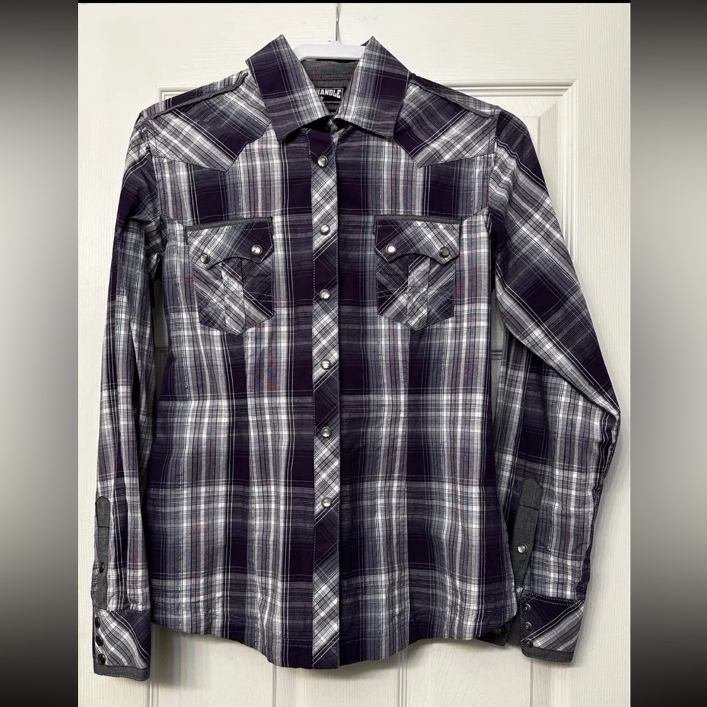 Womens NWOT Panhandle Slim Western Shirt M Purple Plaid Silver Thread Pearl Snap